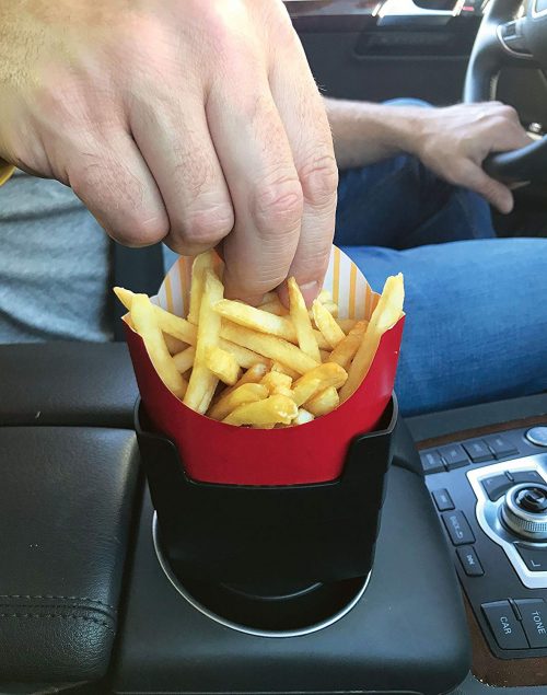 black car french fry holder filled with chips